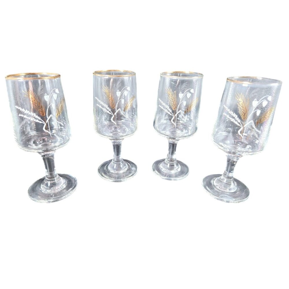 Set Of 4 Vintage Dema Sherry Glasses With Wheat Motif & Gold Rim Barware